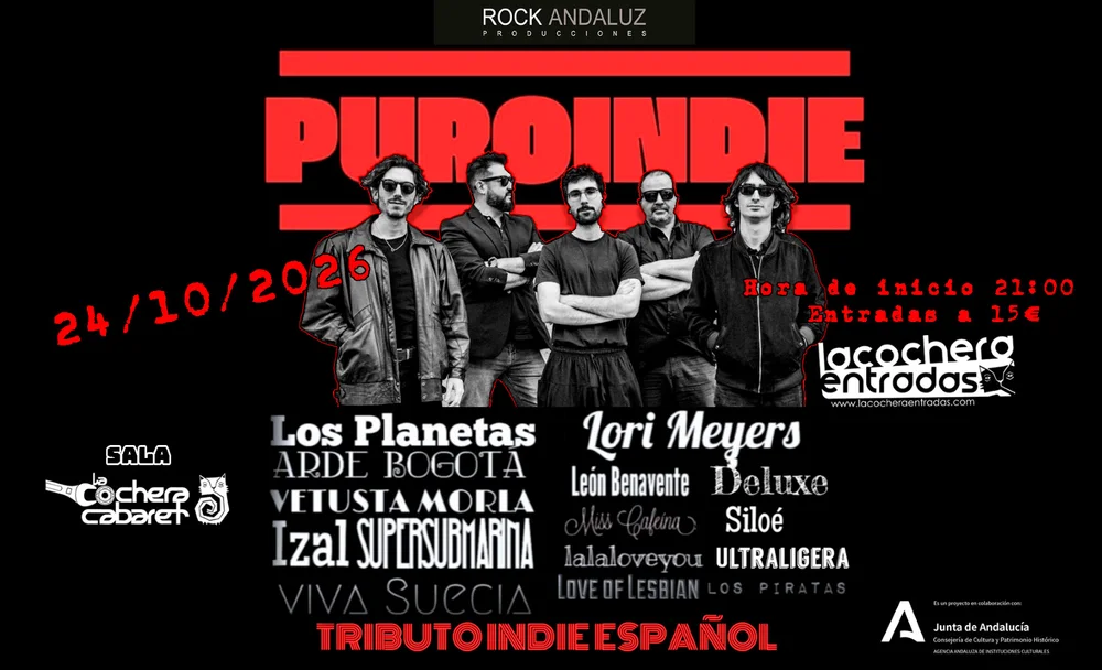 Cartel del concierto de Puro Indie en La Cochera Cabaret, Málaga — sábado, 24 de octubre de 2026