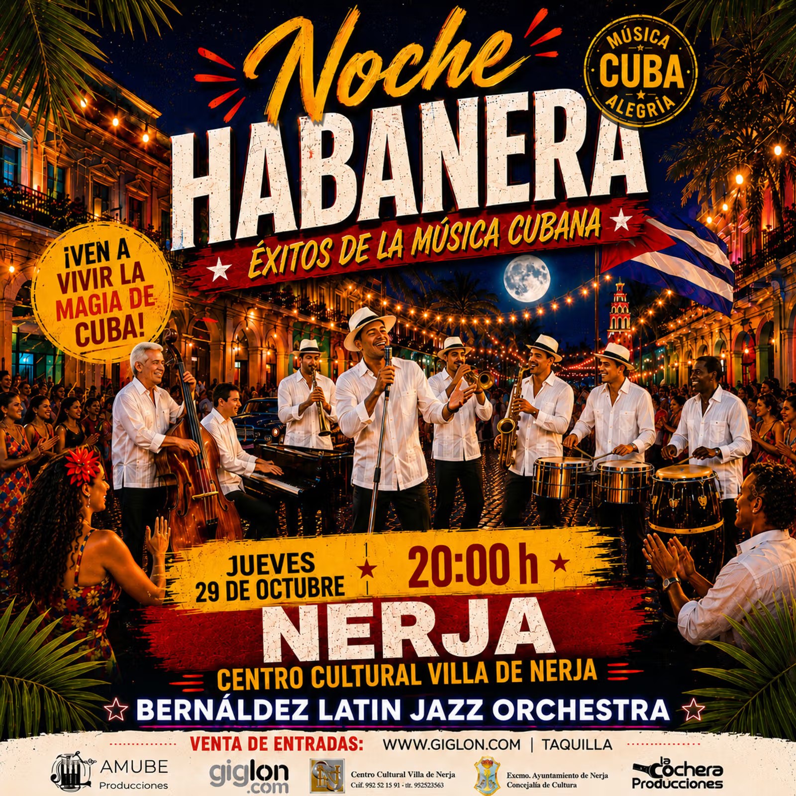 Cartel de Bernáldez Latin Jazz Orchestra — Noche Habanera en el Centro Cultural Villa de Nerja, 29 de octubre de 2026