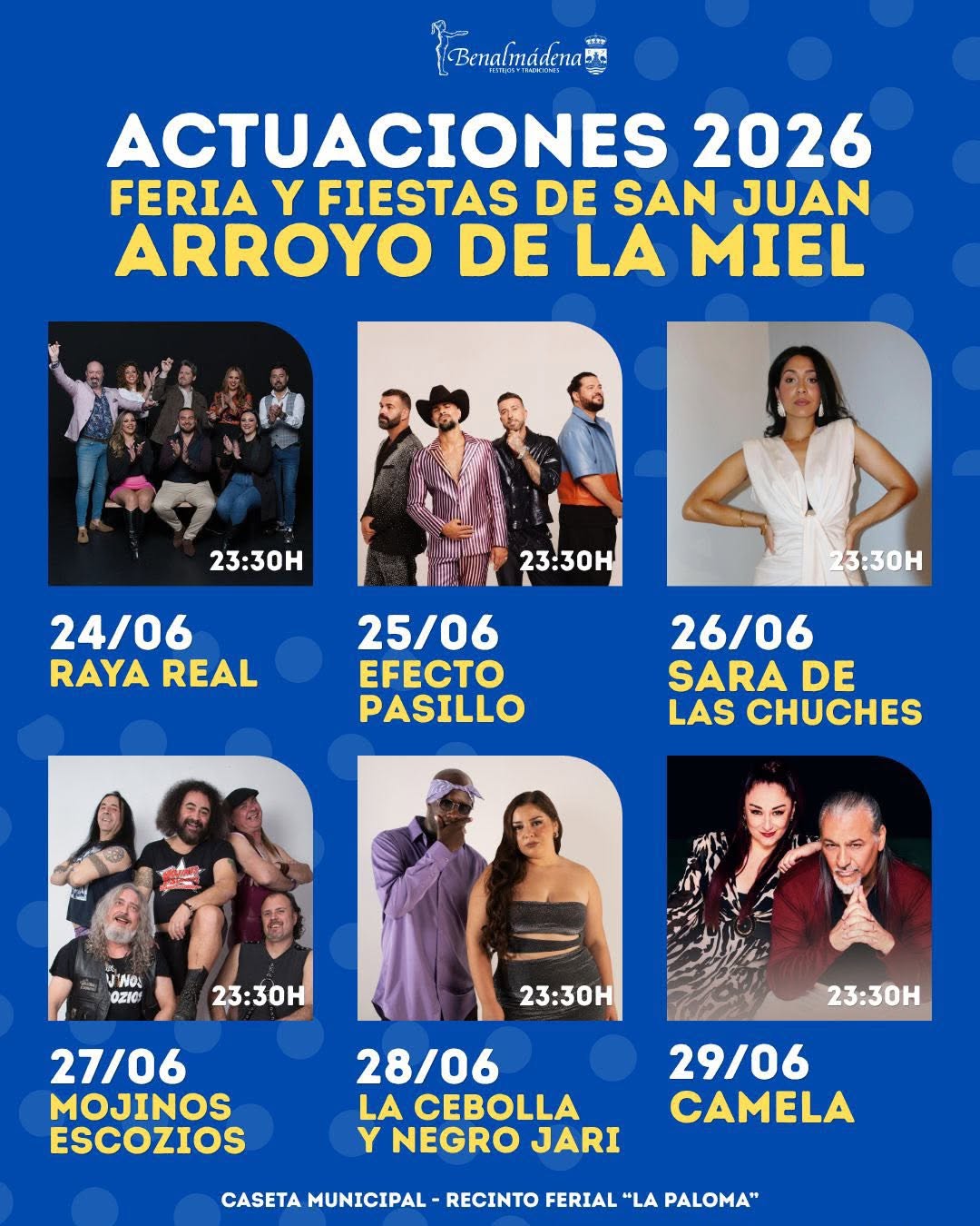 Cartel del concierto de Camela en Caseta Municipal de Arroyo de la Miel, Benalmádena — lunes, 29 de junio de 2026