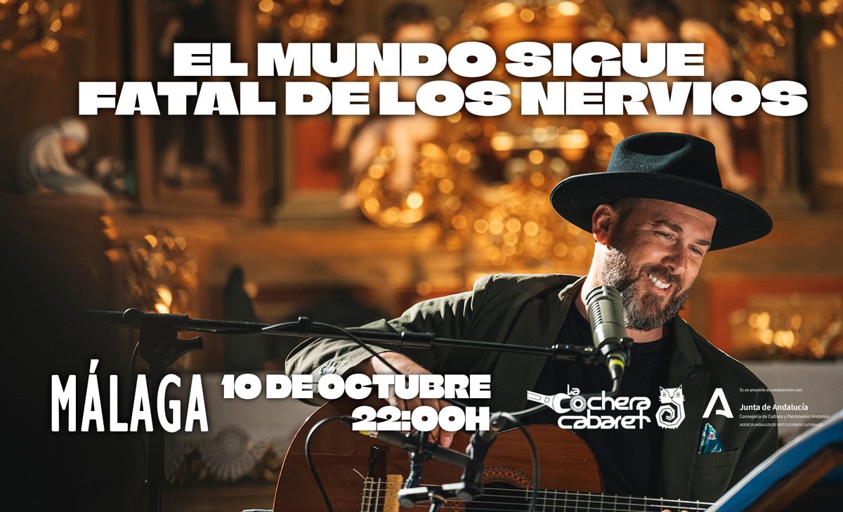 Cartel del concierto de Mario Díaz · El mundo sigue fatal de los nervios en La Cochera Cabaret, Málaga — sábado, 10 de octubre de 2026