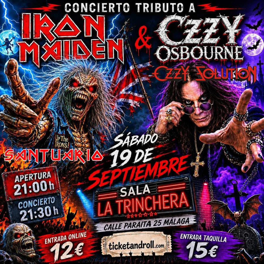 Cartel del concierto de Tributo a Iron Maiden y Ozzy Osbourne en Sala Trinchera, Málaga — sábado, 19 de septiembre de 2026