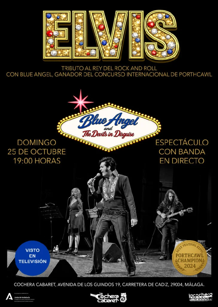 Cartel del concierto de Blue Angel Tributo a Elvis en La Cochera Cabaret, Málaga — domingo, 25 de octubre de 2026