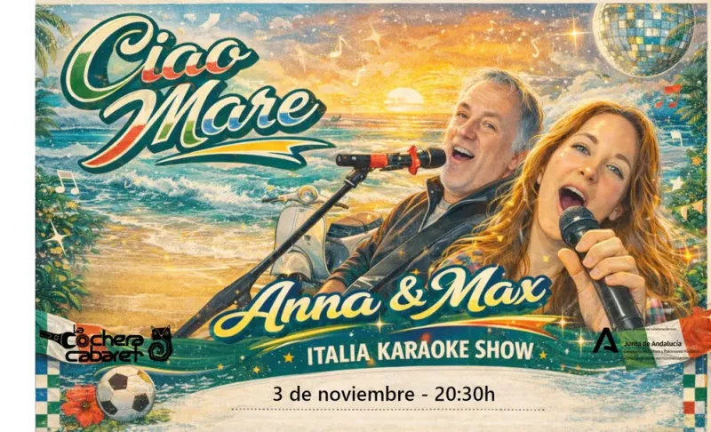 Cartel del concierto de Ciao Mare – Italia Karaoke Show en La Cochera Cabaret, Málaga — martes, 3 de noviembre de 2026