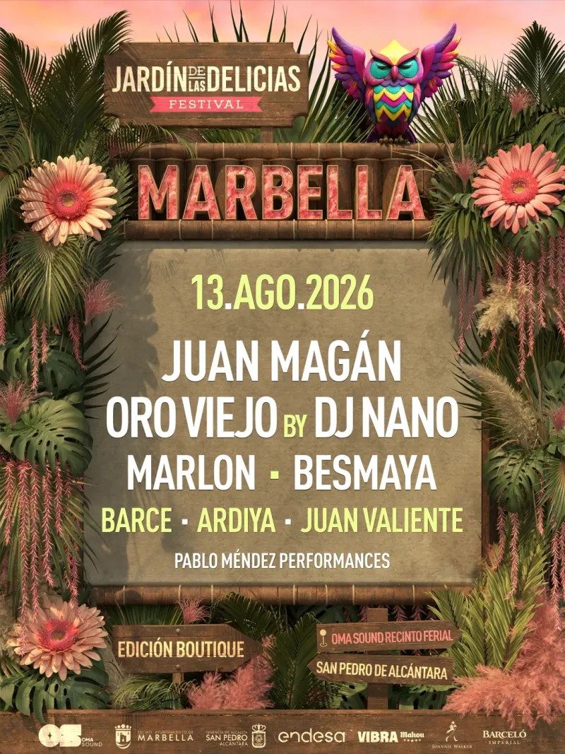 Cartel del concierto de Jardín de las Delicias · Marbella en OMA Sound, Marbella — jueves, 13 de agosto de 2026
