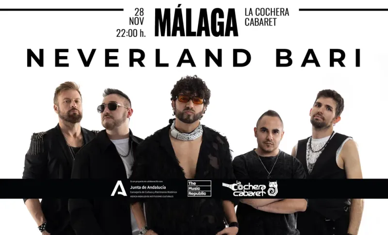 Cartel del concierto de NEVERLAND BARI en La Cochera Cabaret, Málaga — sábado, 28 de noviembre de 2026